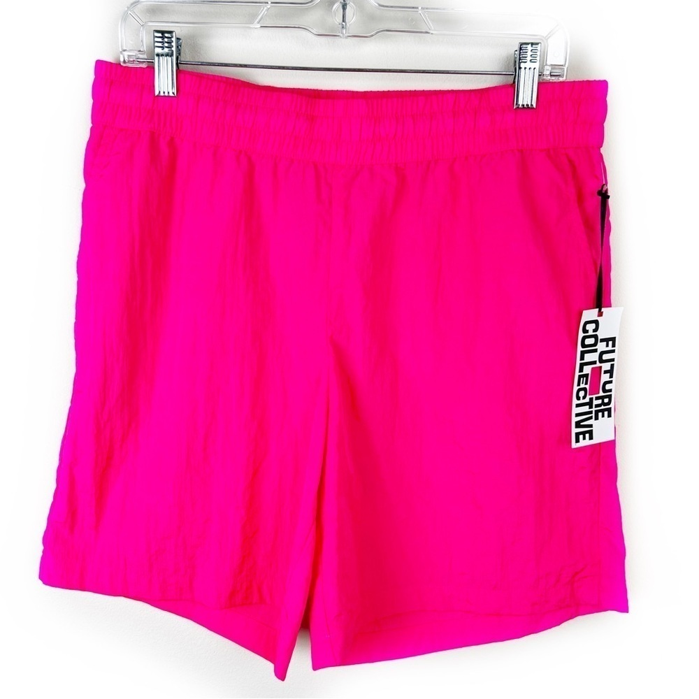 NWT Future Collective Bright Neon pink high rise nylon shorts size: M